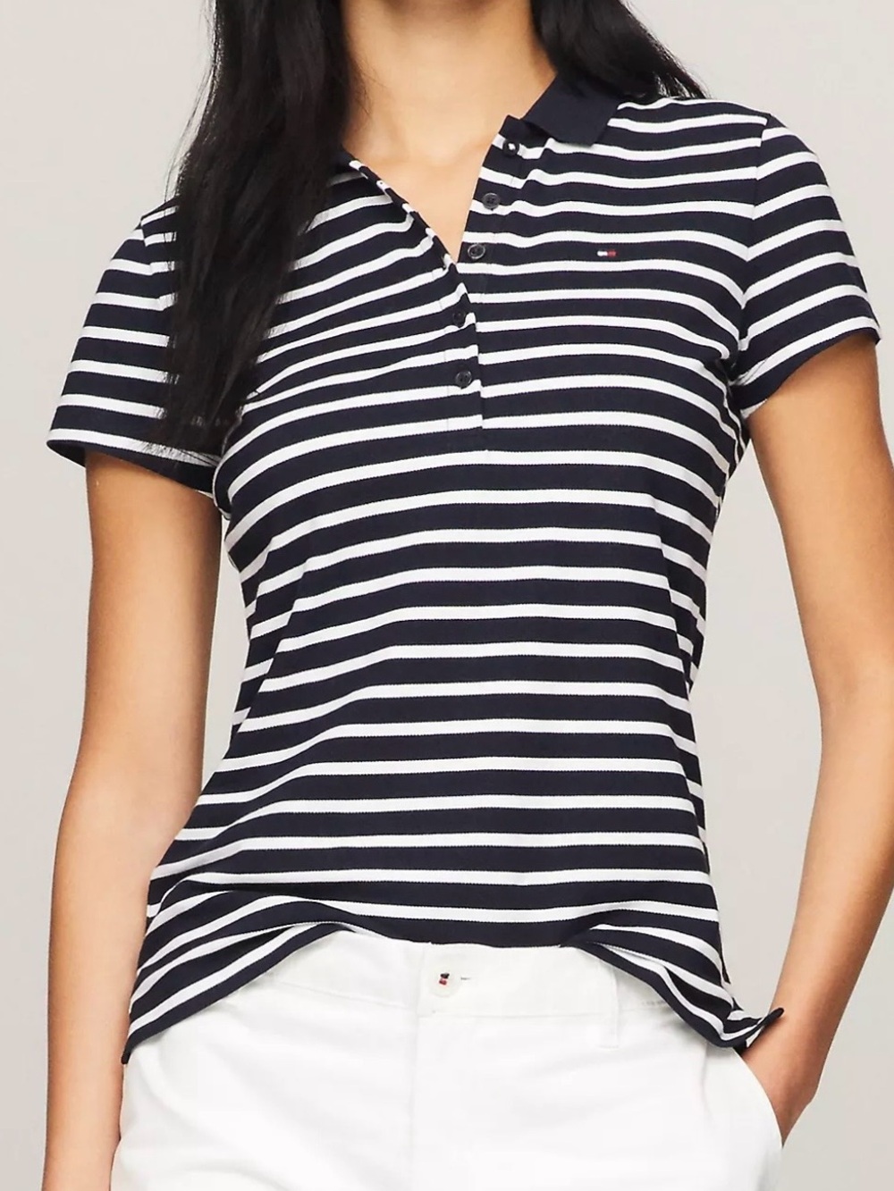 Tommy Hilfiger Navy and White Striped Polo Tee